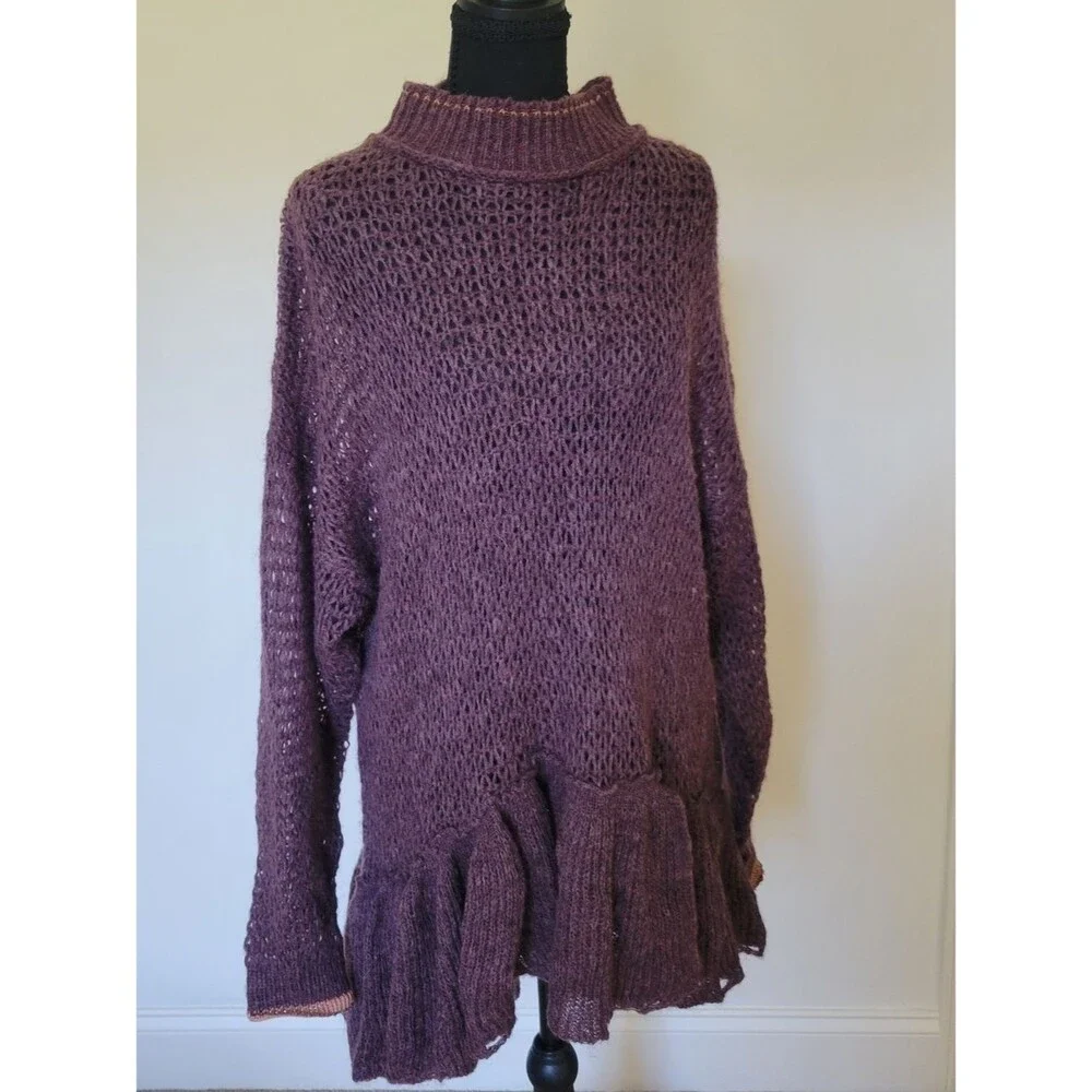Free People Float On Peplum Sweater Mohair Blackberry Boho Cozy Oversized Neck S